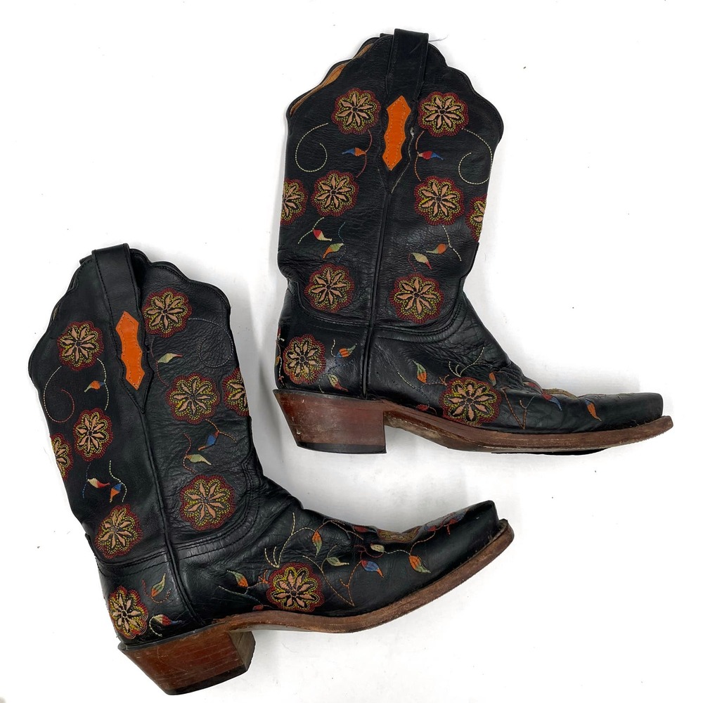 SOLD-Lucchese Western Boots Black Leather Floral Embroidered Block Heel Sz 7 - Picture 2 of 12